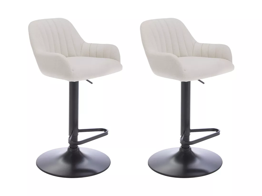 Lot de 2 tabourets de bar en tissu et métal noir - Hauteur réglable - Crème - ELEANA