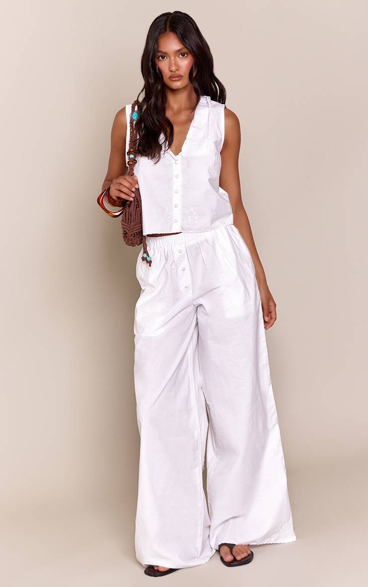Blanc Pantalon Coordonné À Détails Brodés