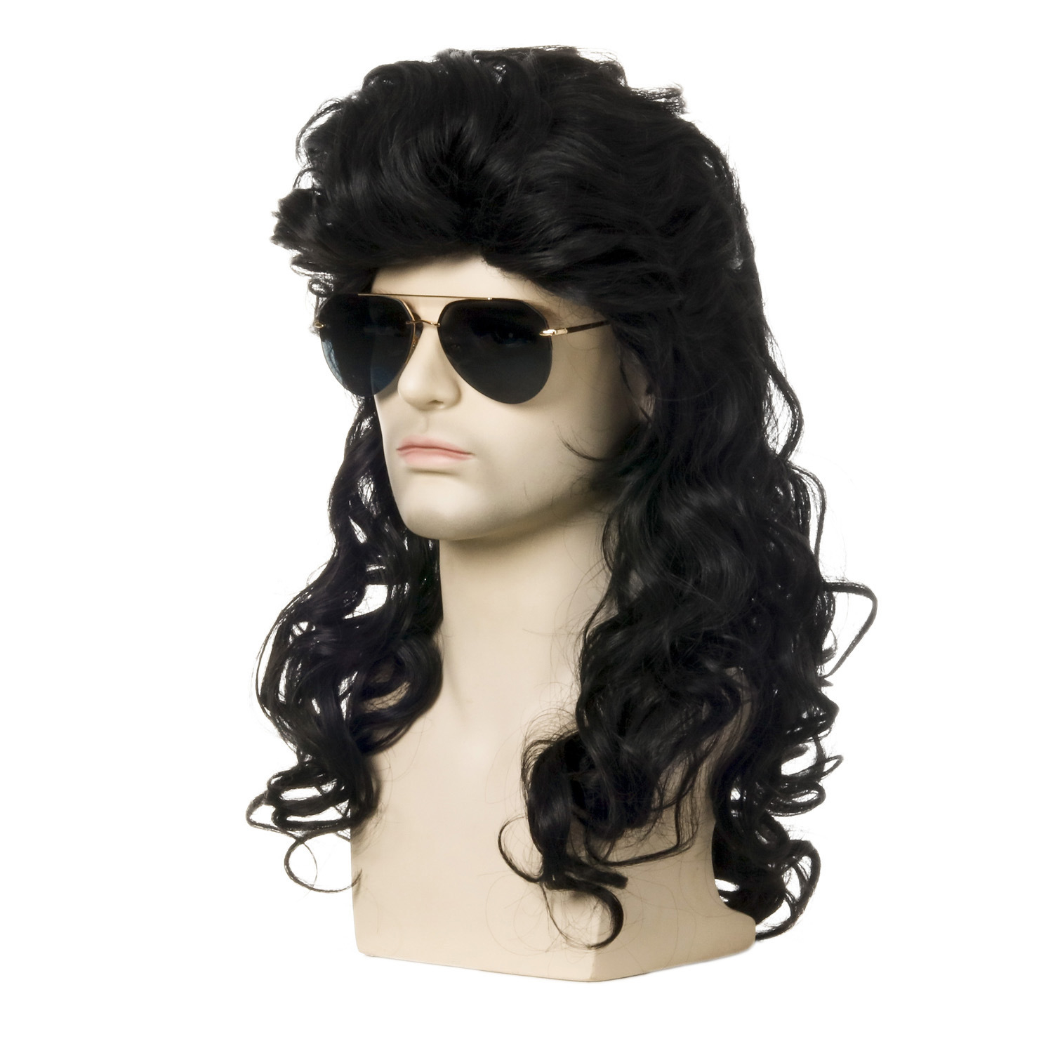(60cm) Vokuhila Perücke mit Locken Pop Rock Fasnacht Kostüm Zubehör Motto Party / Halloween Accessoire - Schwarz