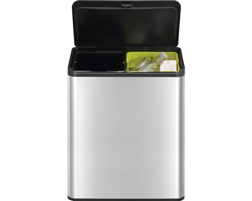 EKO Essential Touch prullenbak met scharnierend deksel, 2 compartimenten (2 x 20 l), zilver/zwart geborsteld mat