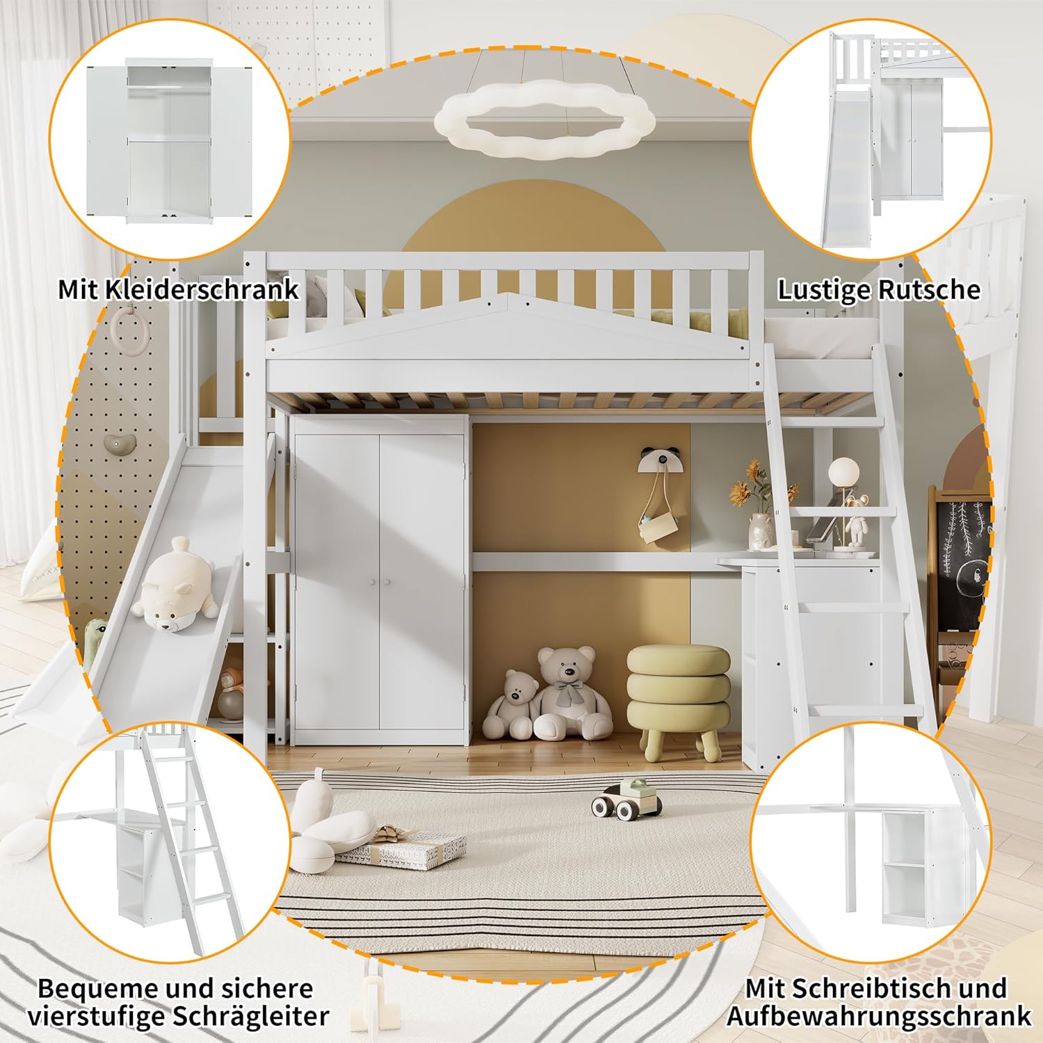 Etagenbett 90 x 200 cm, Kinderbett mit Rutsche, Multifunktionales Bett mit Tisch und Kleiderschrank, Reichlich Stauraum, mit Vierstufiger Leiter, Kiefer+MDF+Sperrholz, Ohne Matratze