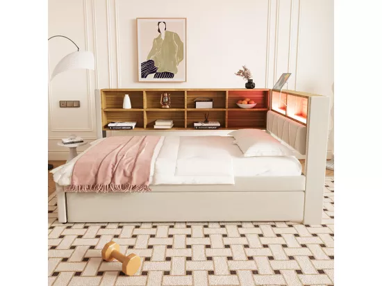 Lit gigogne 90x200 et 90x190 avec prise USB et nombreux compartiments de rangement lit rembourré multifonction lit simple Beige