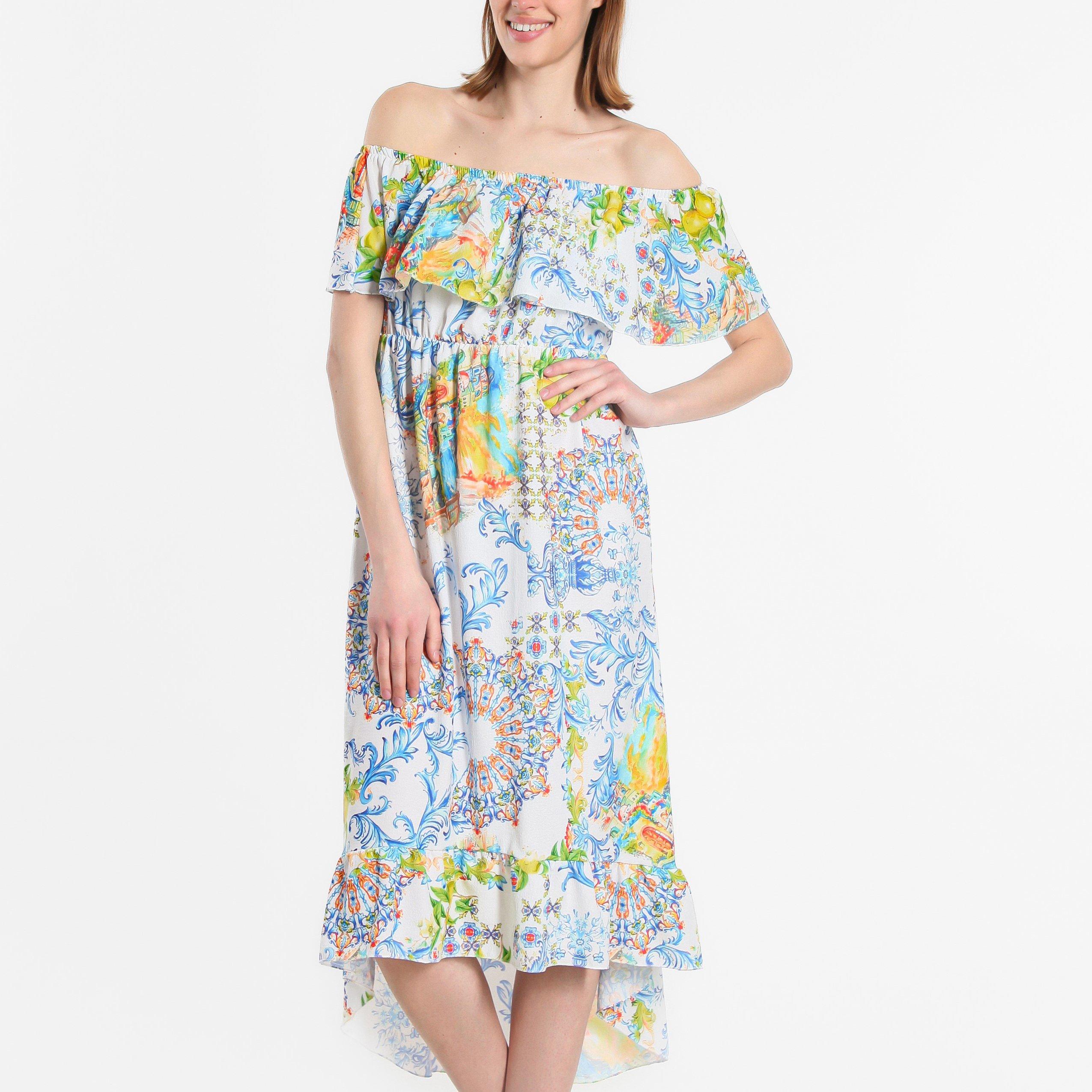Be You Frill Frill Bardot Dip Back Midi Dress