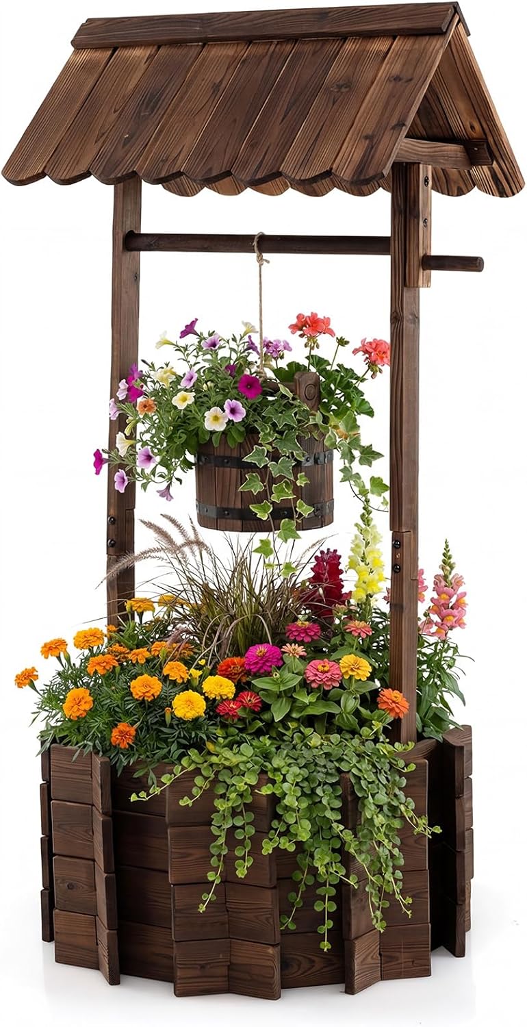 COSTWAY Holzbrunnen mit Dach, Wunschbrunnen Garten, Blumenkübel Dekobrunnen Blumentopf, Dekoration für Draußen Veranda, Zierbrunnen Brunnen Gartenbrunnen, 56 x 56 x 119 cm, Braun