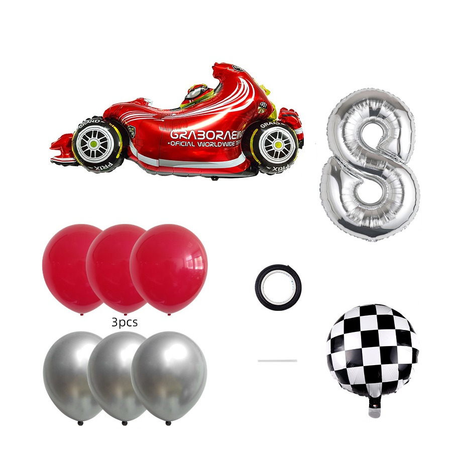 (10-tlg. Set) Zahlen Ballon Kinder Geburtstags Party Folienballon inkl. Latex Luftballon - Zahl 8 / Rennauto