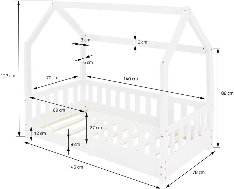 ML Design - Kinderbed Huisbed - Wit - Dennenhout - Uitvalbescherming - Lattenbodem