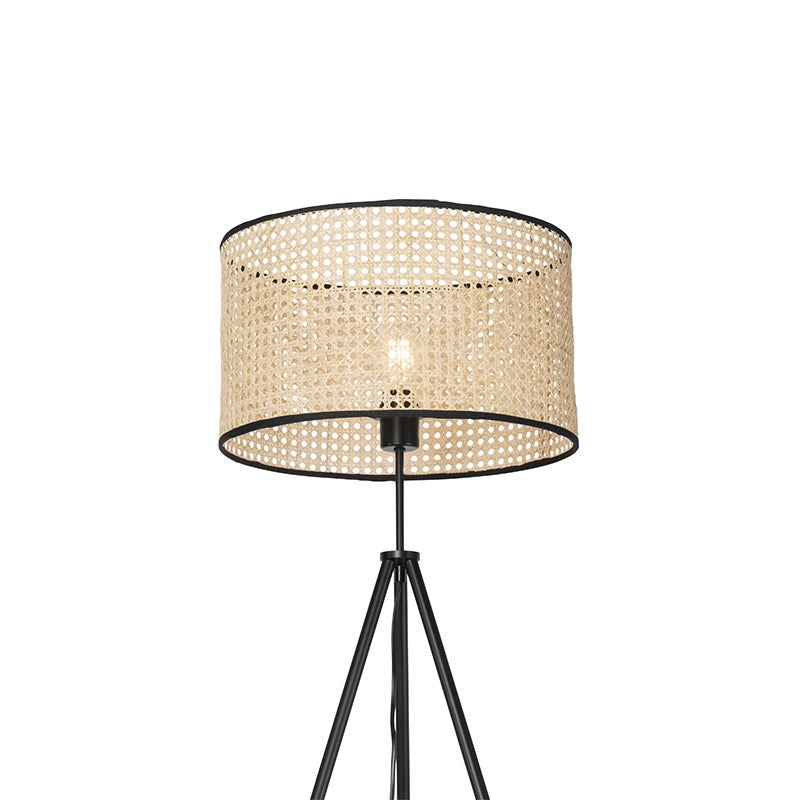 QAZQA - Country House I Vintage landelijke stijl staande lamp statief zwart met rotan kap - Kata I Woonkamer I Slaapkamer - Langwerpig - LED compatibel E27