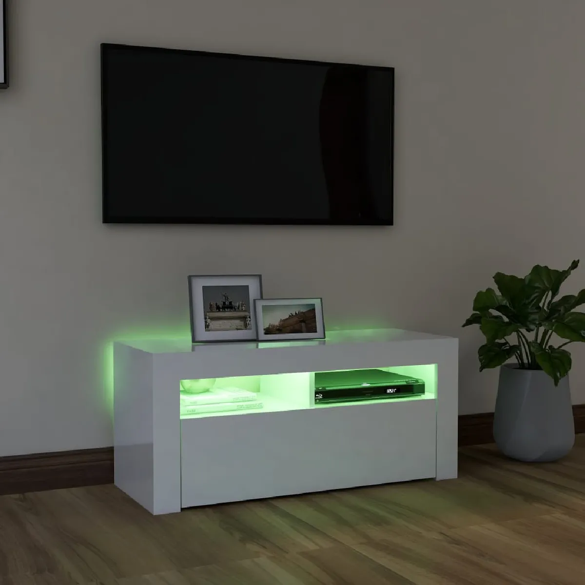 vidaXL Meuble TV avec lumières LED - Blanc Brillant
