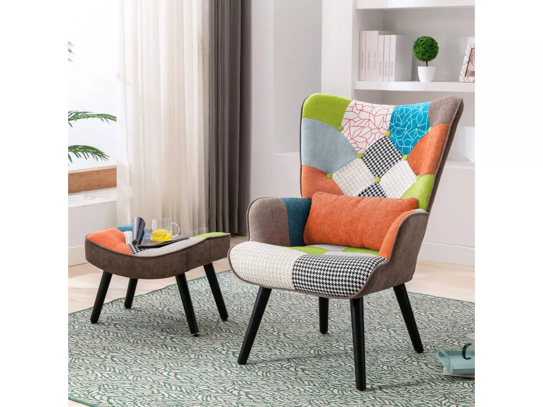 Fauteuil Salon Patchwork avec Repose Pieds en Tissu Lin Multicouleur, Fauteuil Scandinave en Bois Massif avec Support Lombaire, Lin