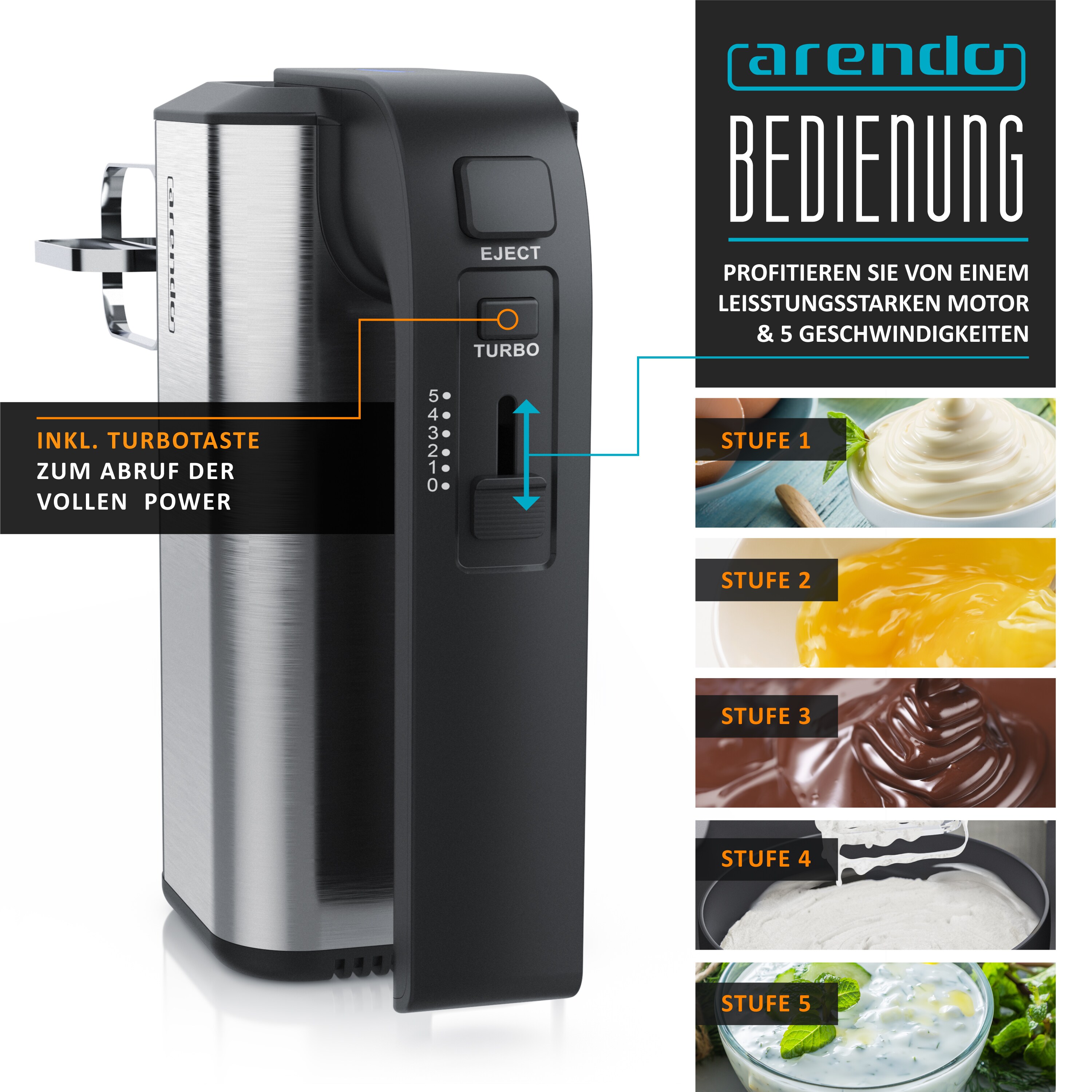 Arendo Elektrischer Handmixer - Handrührgerät Handrührer - 5 Geschwindigkeiten -inkl. 2 Rührbesen und 2 Knethaken aus Edelstahl - Soft Touch Gehäuse