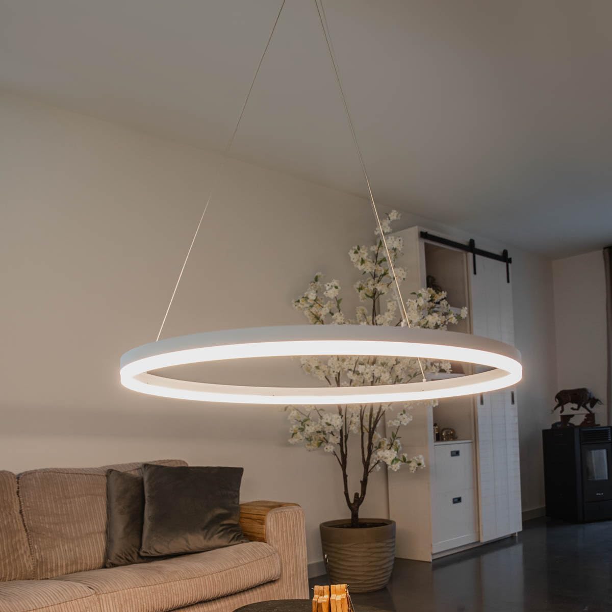 Qazqa - Modern Design-Hängelampe I Pendellampe I Pendelleuchte weiß 80 cm inkl. LED 3-stufig dimmbar - Anello Dimmer I Dimmbar I Wohnzimmer I Schlafzimmer - Aluminium Rund - I LE