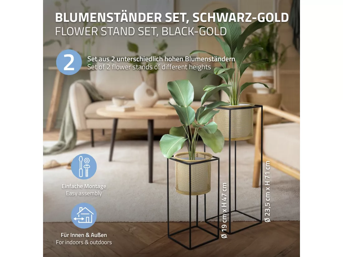 ML-Design Support pour fleurs, set de 2, noir-or, 21x21x47/25x25x71 cm, en acier, support pour pots de fleurs avec cache-pot, support pour plantes en métal, support pour pots de fleurs 2 pièces, pot de plantes déco Colonne de fleurs Tabouret de fleur