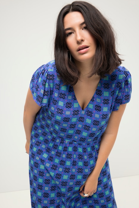 Maxikleid, A-Line, Alloverprint, V-Ausschnitt, Flügel-Halbarm