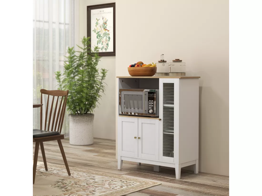 Buffet style classique chic - 3 portes 3 étagères niche petit électroménager - blanc aspect chêne clair