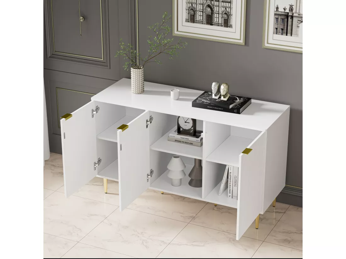 Buffet moderne avec pieds et poignées dorés, coins arrondis, 127l*45p*75h, blanc