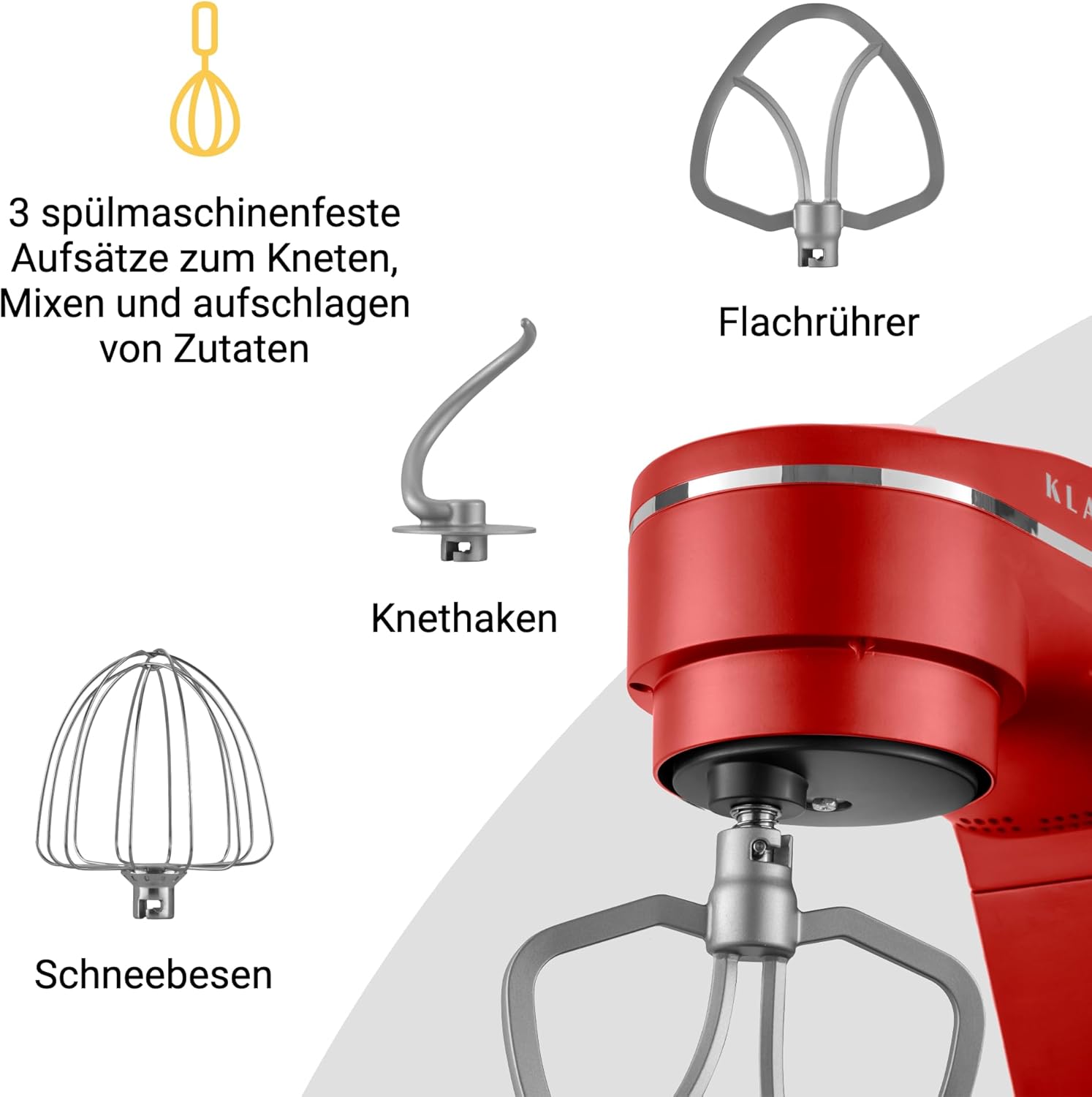 KLAMER Küchenmaschine 1800W, Knetmaschine Brotteig mit Edelstahl-Rührschüssel 6 L, 10 Stufen mit Timer, Planetenrührwerk, Rührbesen, Knethaken, Schneebesen & Sichtdeckel (rot)