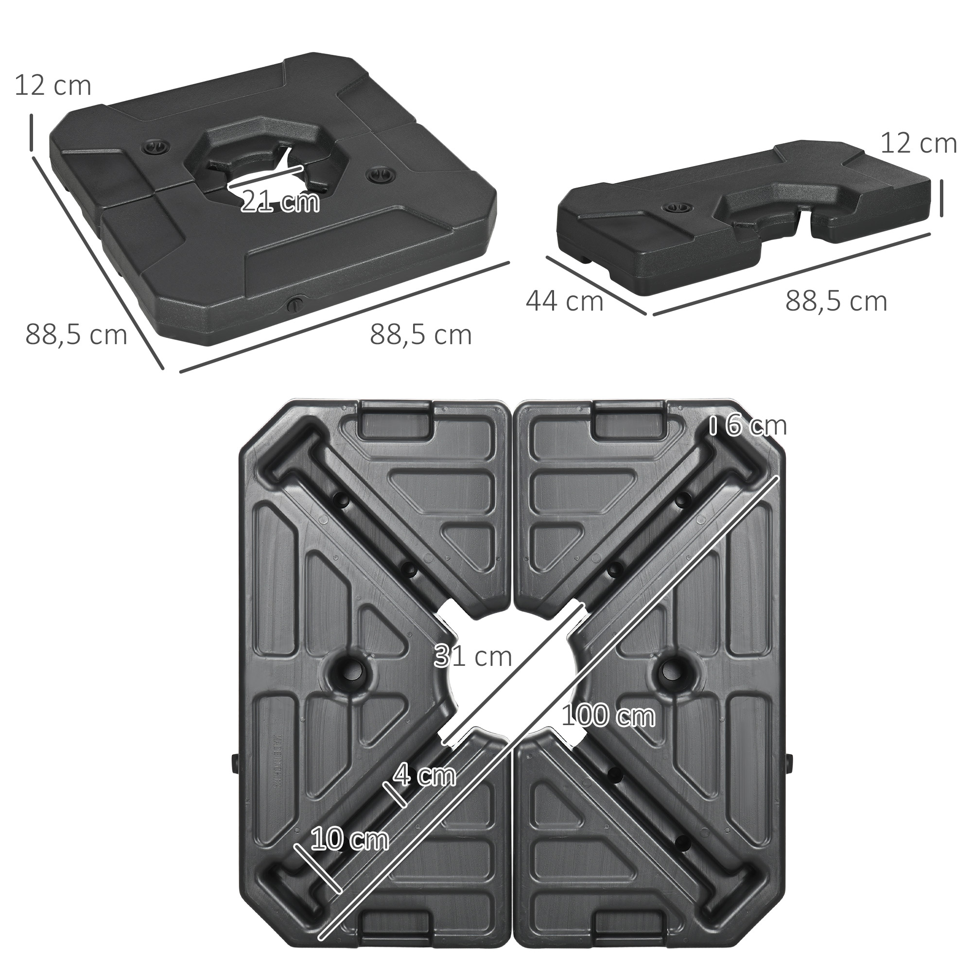 Outsunny 2 Pesos para Base de Guarda-Sol, Preenchíveis com Areia (110 kg) ou Água (70 kg) para Base Cruzada de Guarda-Sol de Braço Articulado para Jardim, Terraço e Área Externa, 88,5x88,5x12 cm, Preto