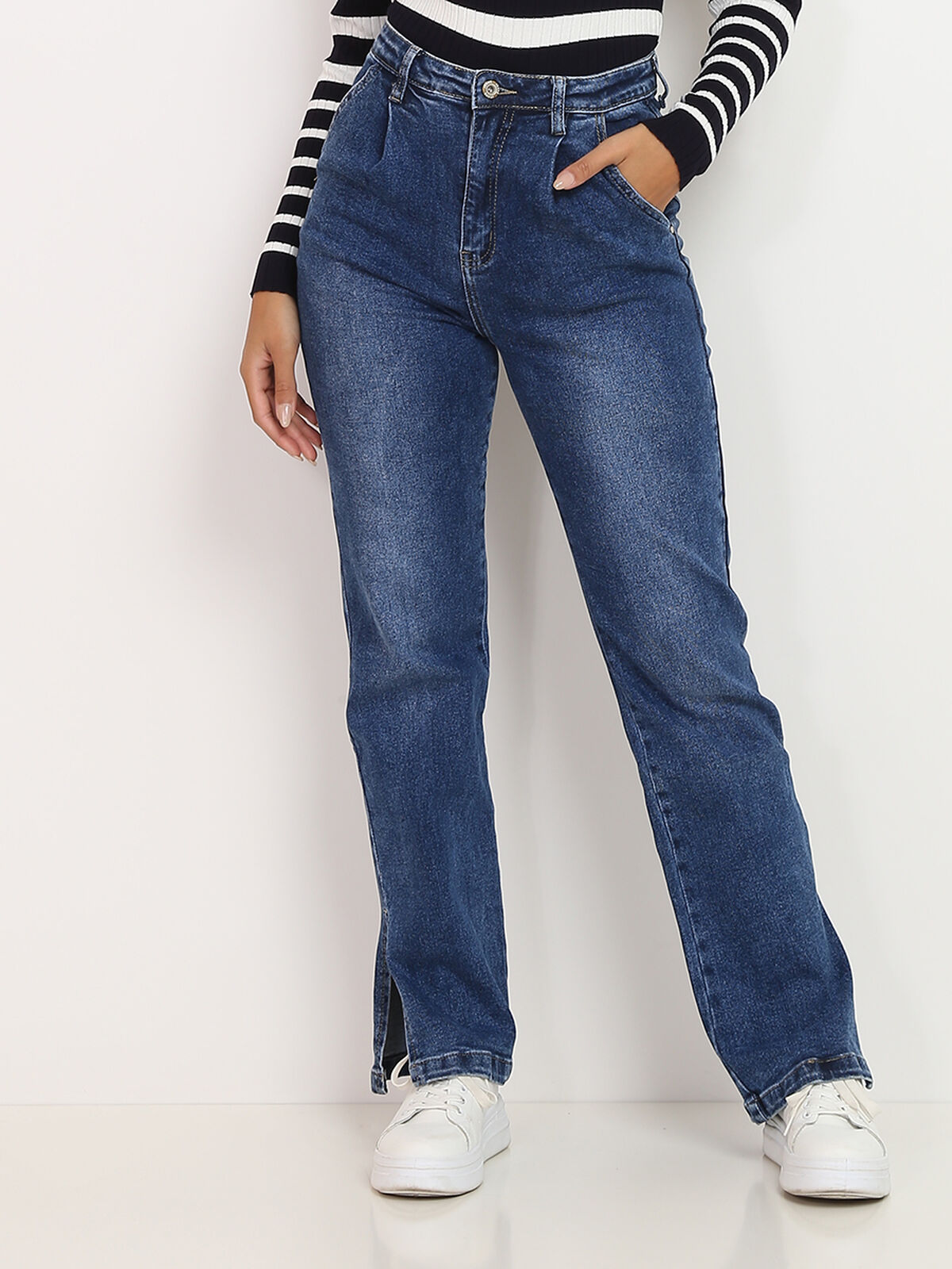 Jeans droit à fentes- Bleu