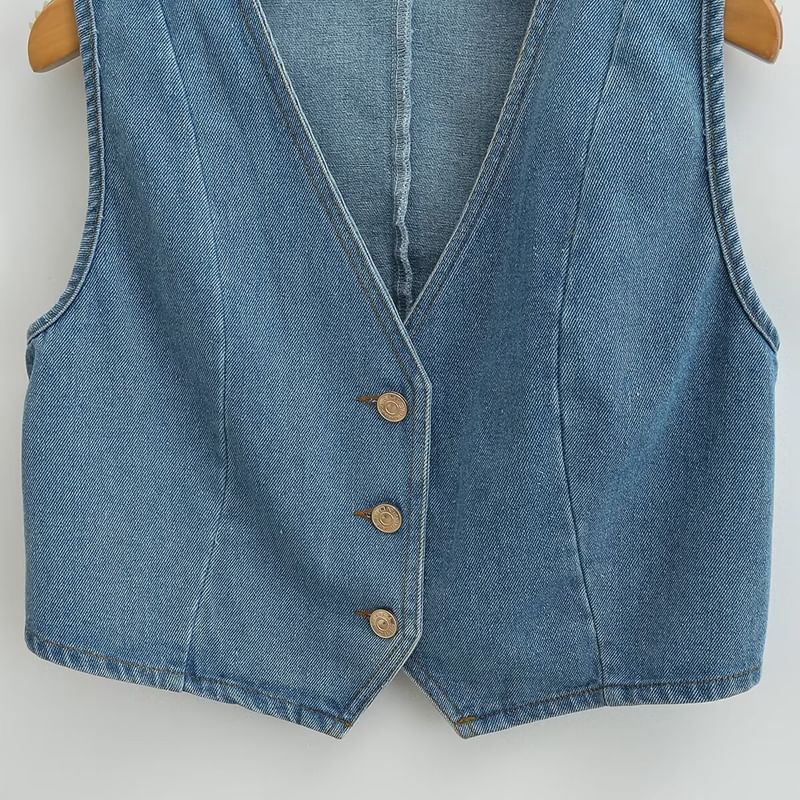 SugaYuja - V-hals gewassen denim vest met knopen