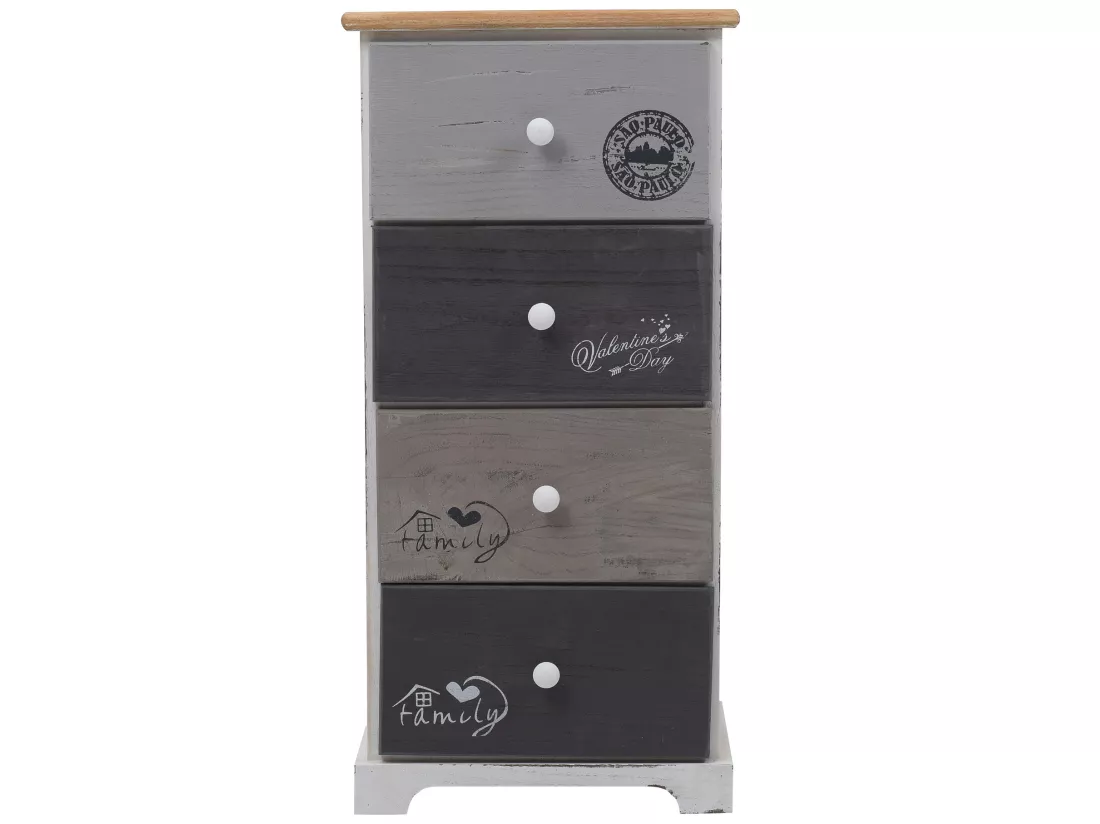 Chiffonnier Commode 4 Tiroirs Bois Blanc Gris Shabby 72x35x27