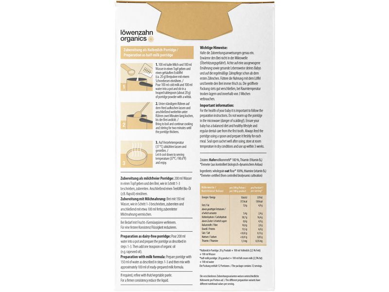 löwenzahn organics Getreidebrei Porridge Hafer Pur 240 g Glutenfreier Baby Porridge