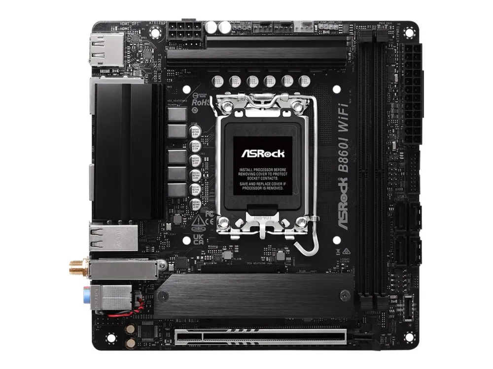 ASRock B860I WiFi - Bundkort - mini ITX - LGA1851 sokkel - B860 Chipset - USB-C 3.2 Gen 2x2, USB-C 3.2 Gen2, USB 3.2 Gen 2, USB 3.2 Gen 1 - 2.5 Gigabit LAN, Wi-Fi 6E, Bluetooth - onboard grafik (CPU påkrævet) - HD Audio (8-kanaler)