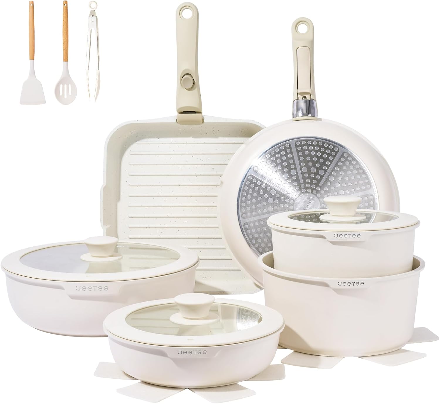 JEETEE Topfset Pfannenset mit abnehmbarem Griffen 25-Teilig, Pfanne 20/26cm, Kochtopf 18/20cm, Tiefe Bratpfanne 26cm, Grillpfanne 26cm, Stapelbar Topfset Für alle Herdarten, Antihaft, Ofenfest, Beige