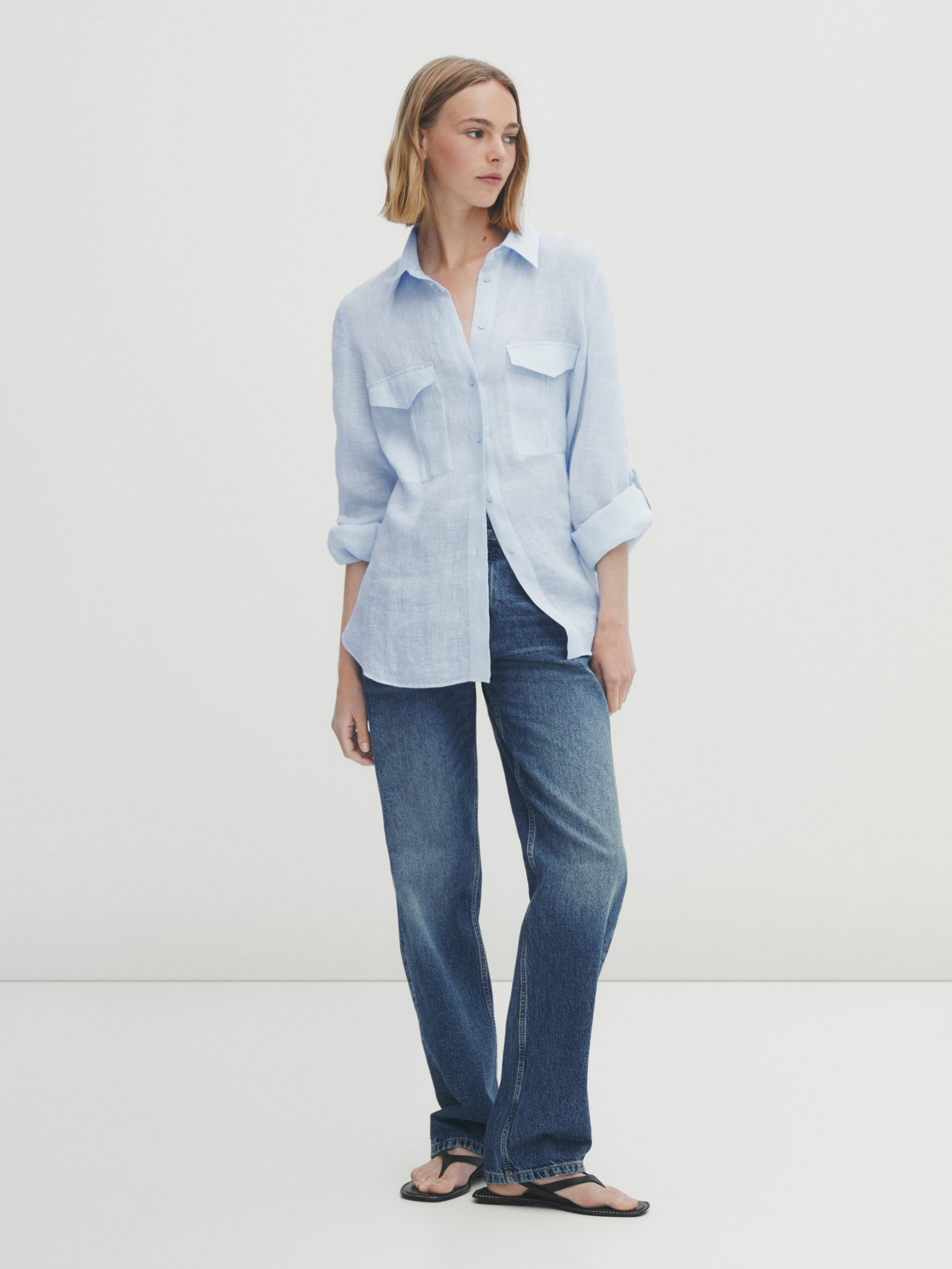 Camisa 100% linho com zíper - Azul claro