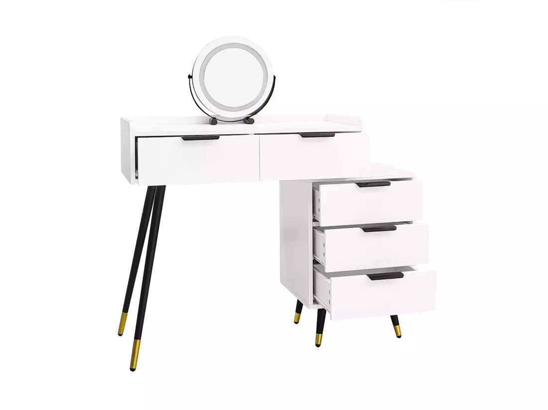 Coiffeuse - 5 tiroirs & miroir à LED réglable - MDF - Blanc (tabouret non inclus)