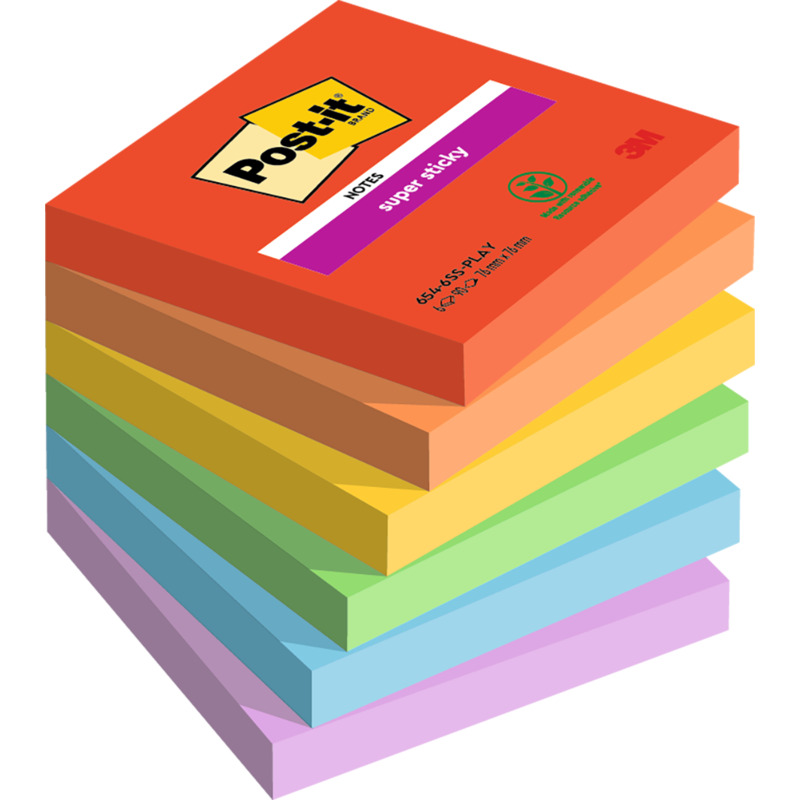 Post-it Haftnotizen Super Sticky Playful, 76 x 76 mm, 6 x 90 Blatt