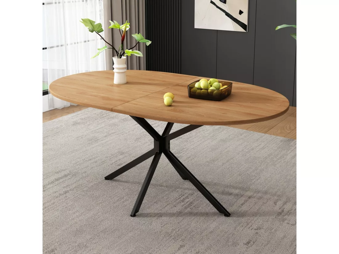 Table à manger ovale 4 à 6 personnes - en MDF et métal - Naturel et noir - Table fixe - 120x80x75.5cm