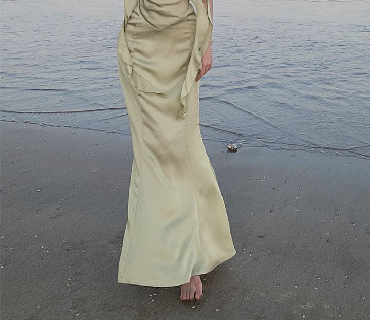 Egsy - Spaghettibandjes, effen, open rug, ruches en split, maxi-zeemeerminjurk