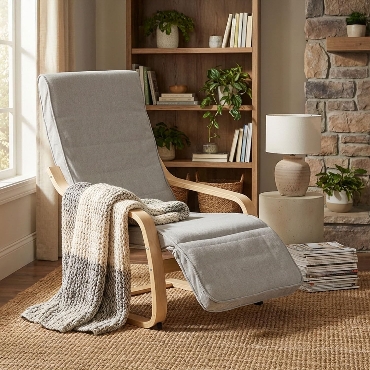Homestyle4u Schwingsessel Relaxsessel mit Liegefunktion Cord Hellgrau mit Armlehne Relaxstuhl Holz Wohnzimmer Stuhl, 3128