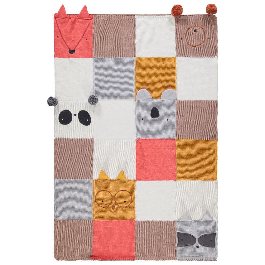 Couverture en tricot à animaux fantaisie effet patchwork - Ecru