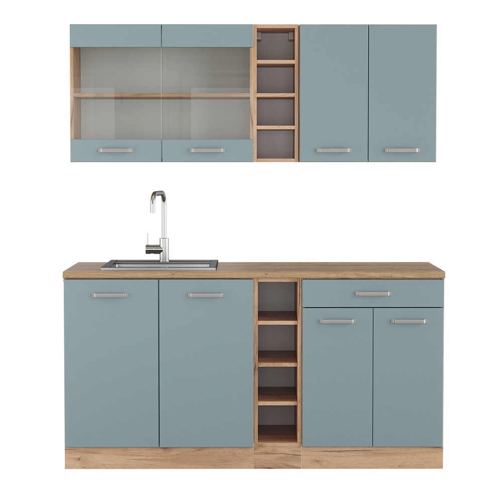 Vicco Küchenzeile R-Line Solid Eiche Blau Grau 160 cm modern Küchenschränke Küchenmöbel