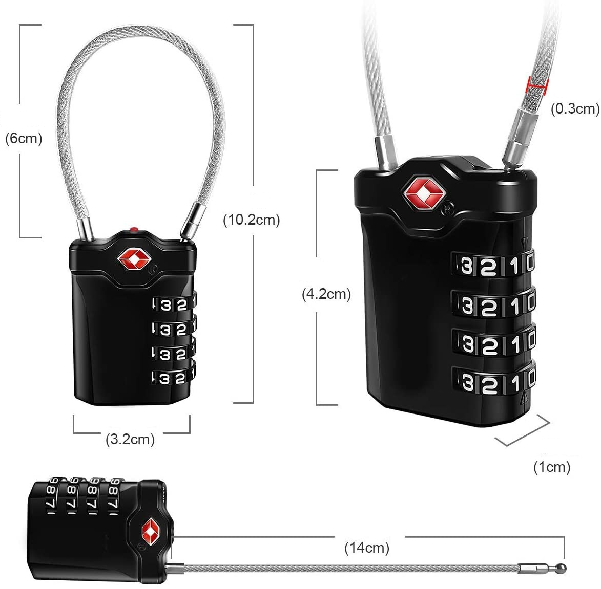 (10cm) Sicherheits TSA Zahlenschloss 4-Stelliges Kabelschloss Reiseschloss mit Warnfunktion - Schwarz
