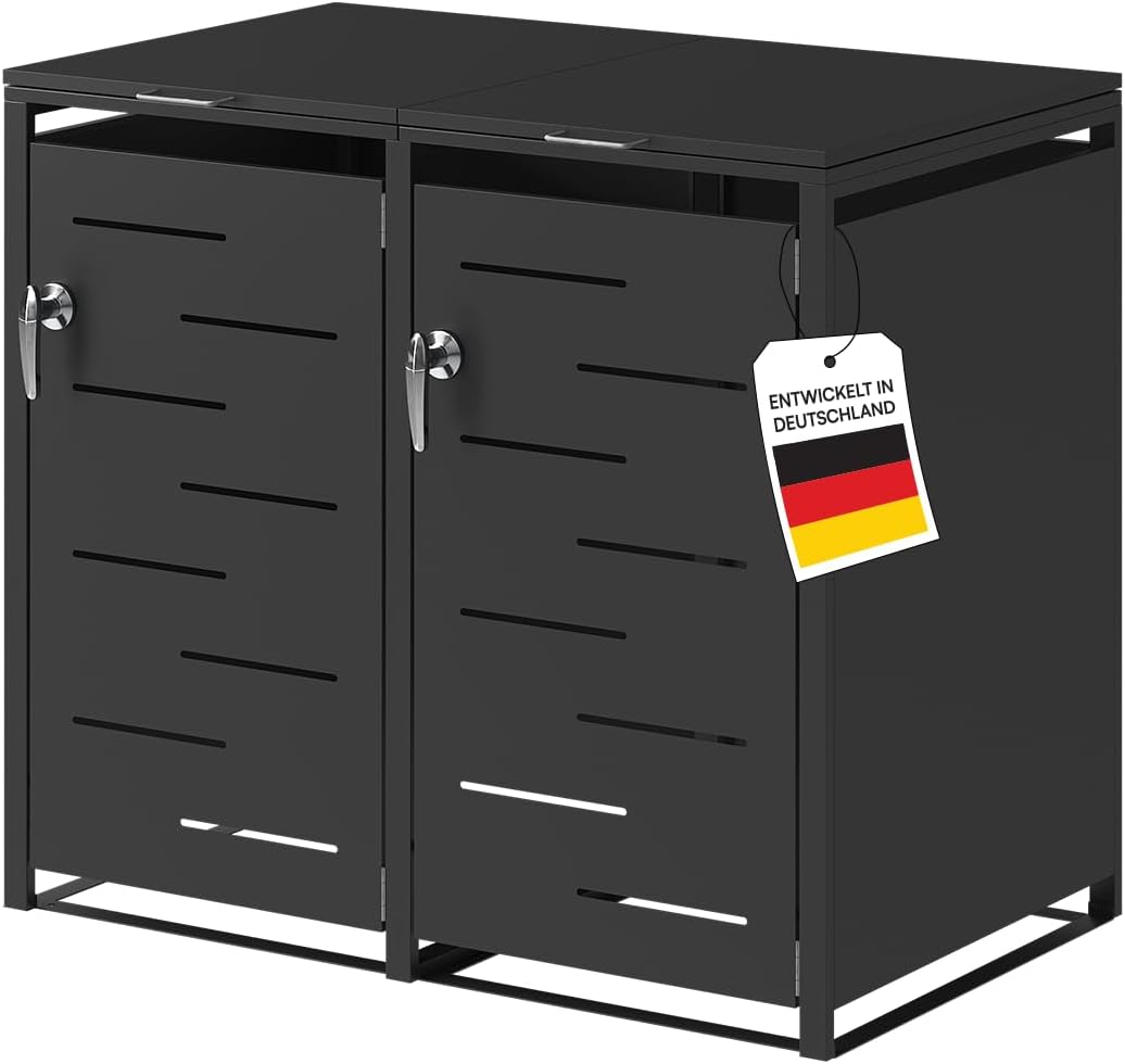 STEELSØN Mülltonnenbox 2er 120L abschließbar – Hochwertige Mülltonnenverkleidung für 2 Tonnen – Müllbox Stahl – Müllcontainer Schwarz - Mülltonnen Box wetterfest – Gerätebox mit Schloss