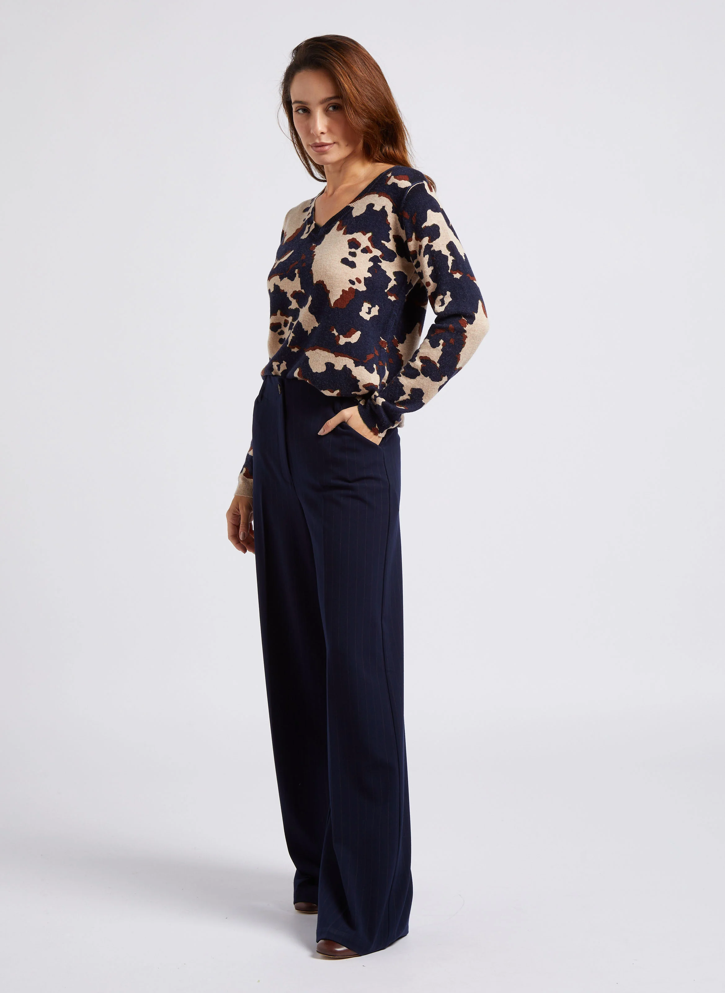 Pantalon large taille haute rayé| Bleu