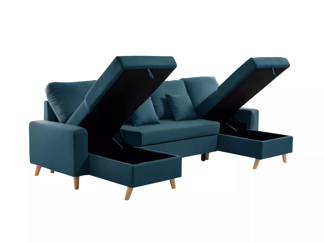 Canapé Panoramique Scandinave Convertible 2 Coffres en Tissu Déperlant