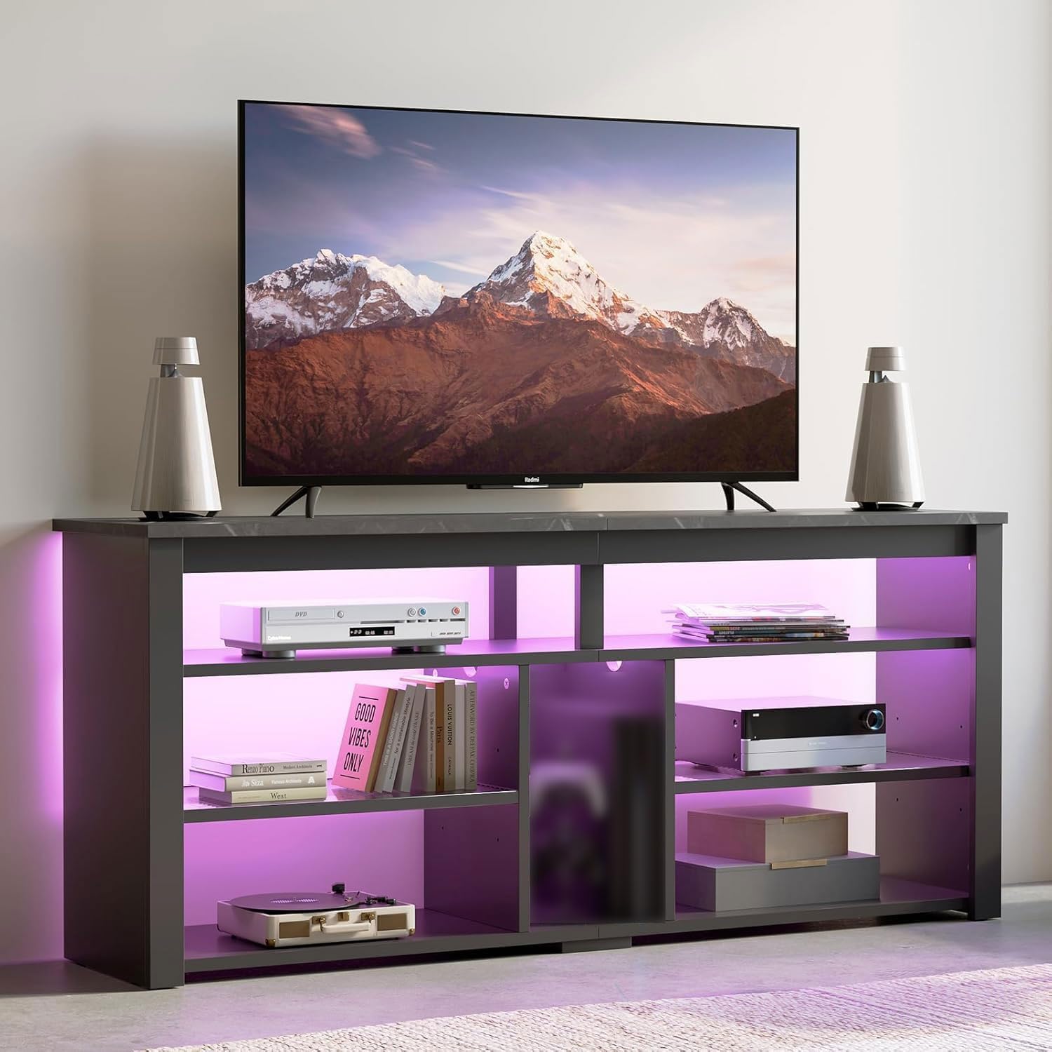 Bestier Hoher TV-Schrank für 65-Zoll-Fernseher, TV-Ständer mit PS5-Stauraum, LED-TV-Konsole mit verstellbarem Ablagefach für das Wohnzimmer, schwarzer Marmor