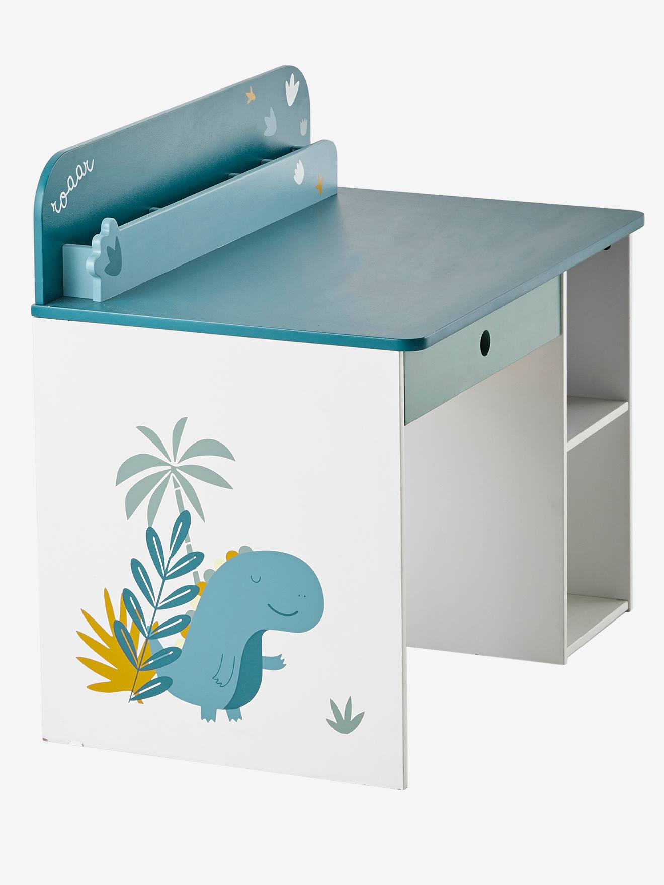 Escrivaninha infantil ROAAR, branca média, lisa com detalhes decorativos.
