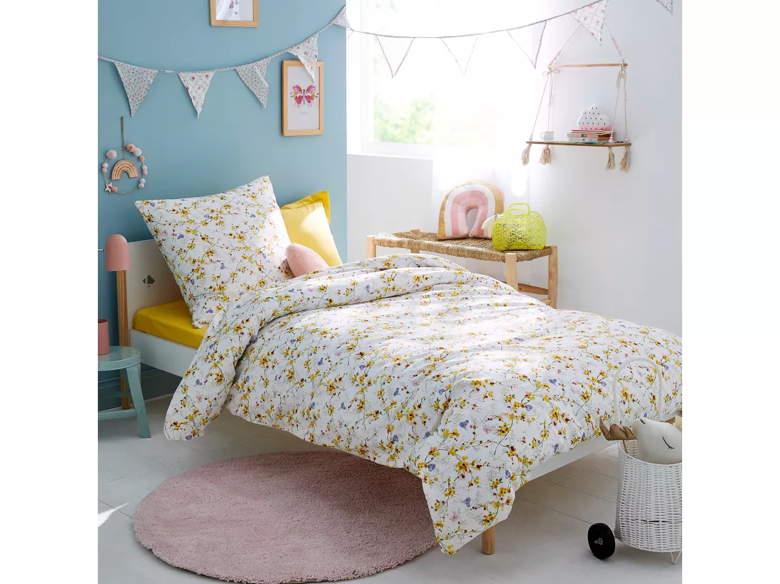 Housse de couette 200x200 cm coton PAPILLONS jaune Moutarde
