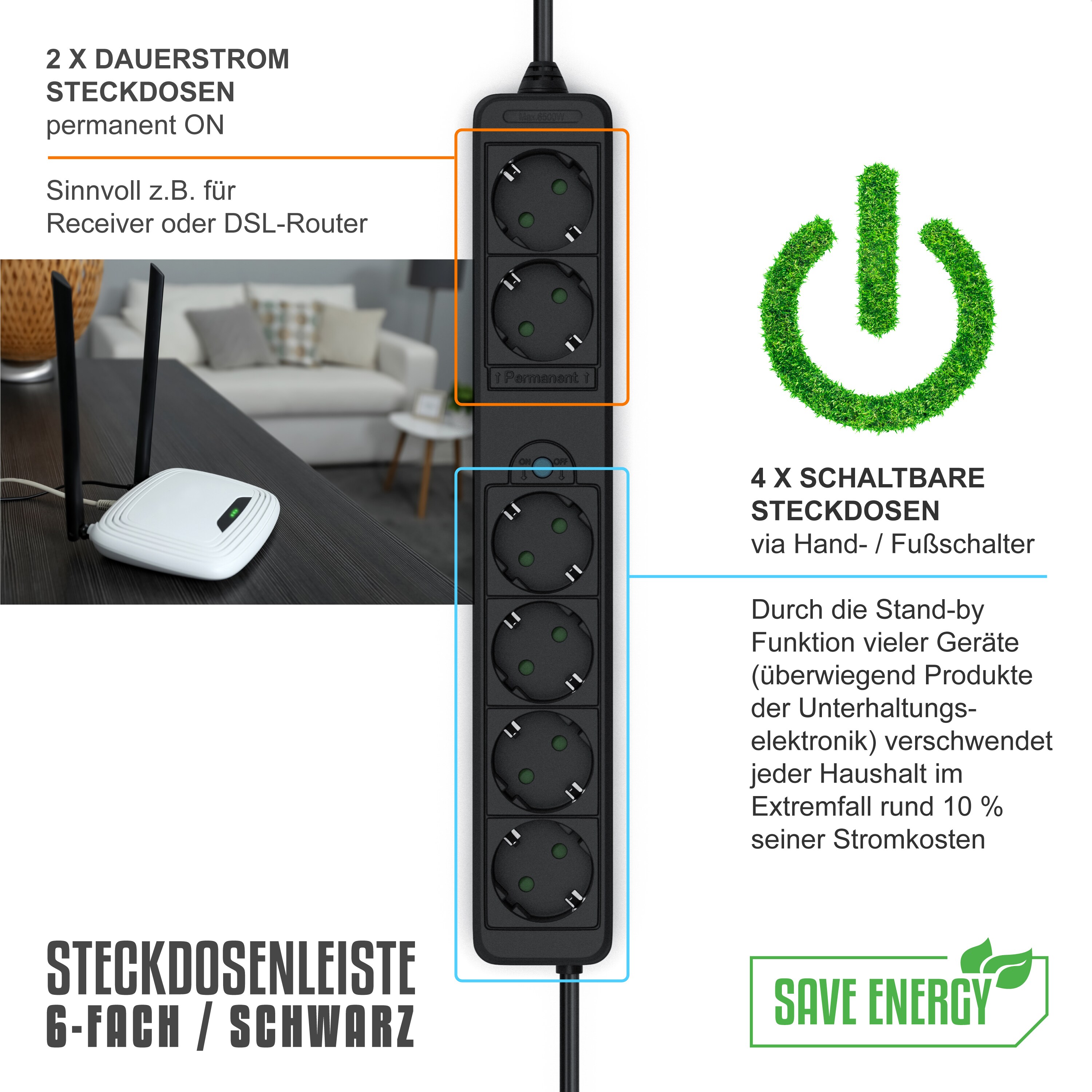 Arendo Steckdosenleiste Mehrfachsteckdose Steckerleiste 3500W, 6-fach