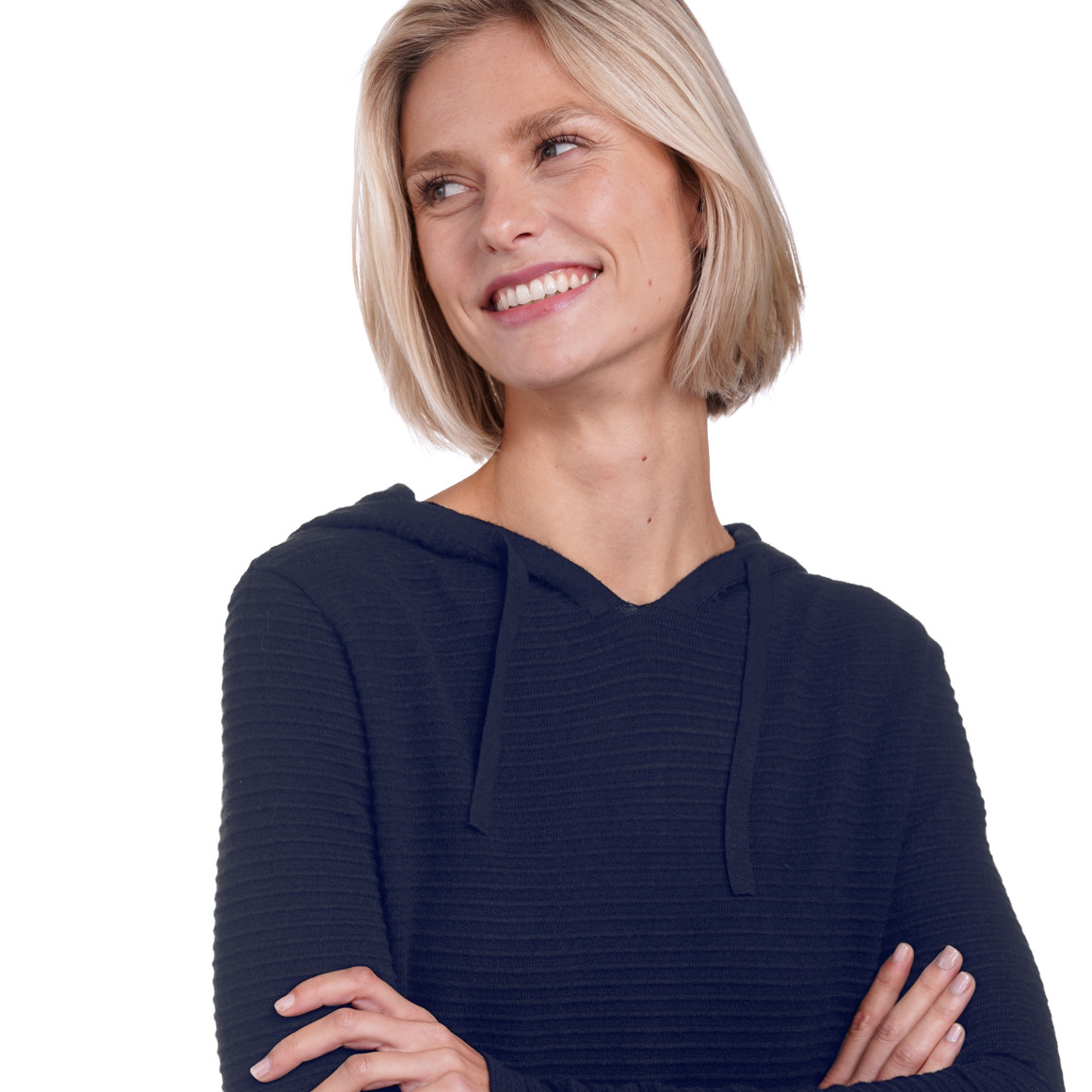 Damen Strickhoodie gerippt dunkelblau