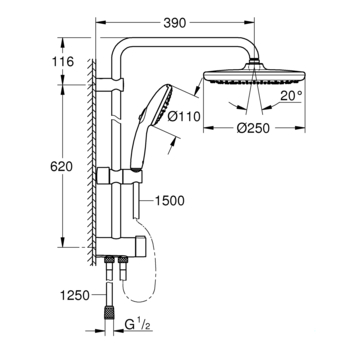 Grohe Vitalio Start 250 Flex douchesysteem met omstelling Rond, Max. 8,0L/Min Bij 3 Bar Mat Zwart - hartafstand kraan 15 cm