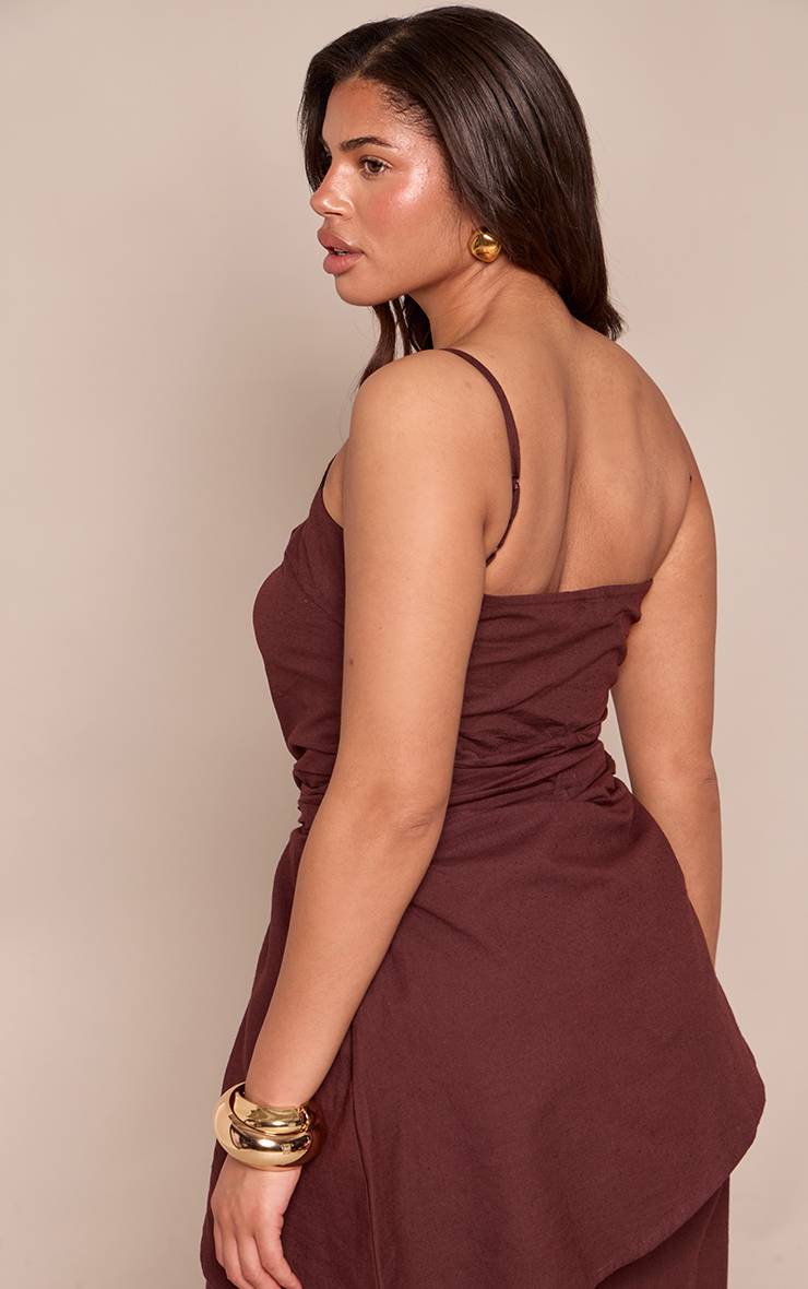Chocolat Haut Co-ord Aspect Lin Taille Froncée Encolure Droite Ajusté