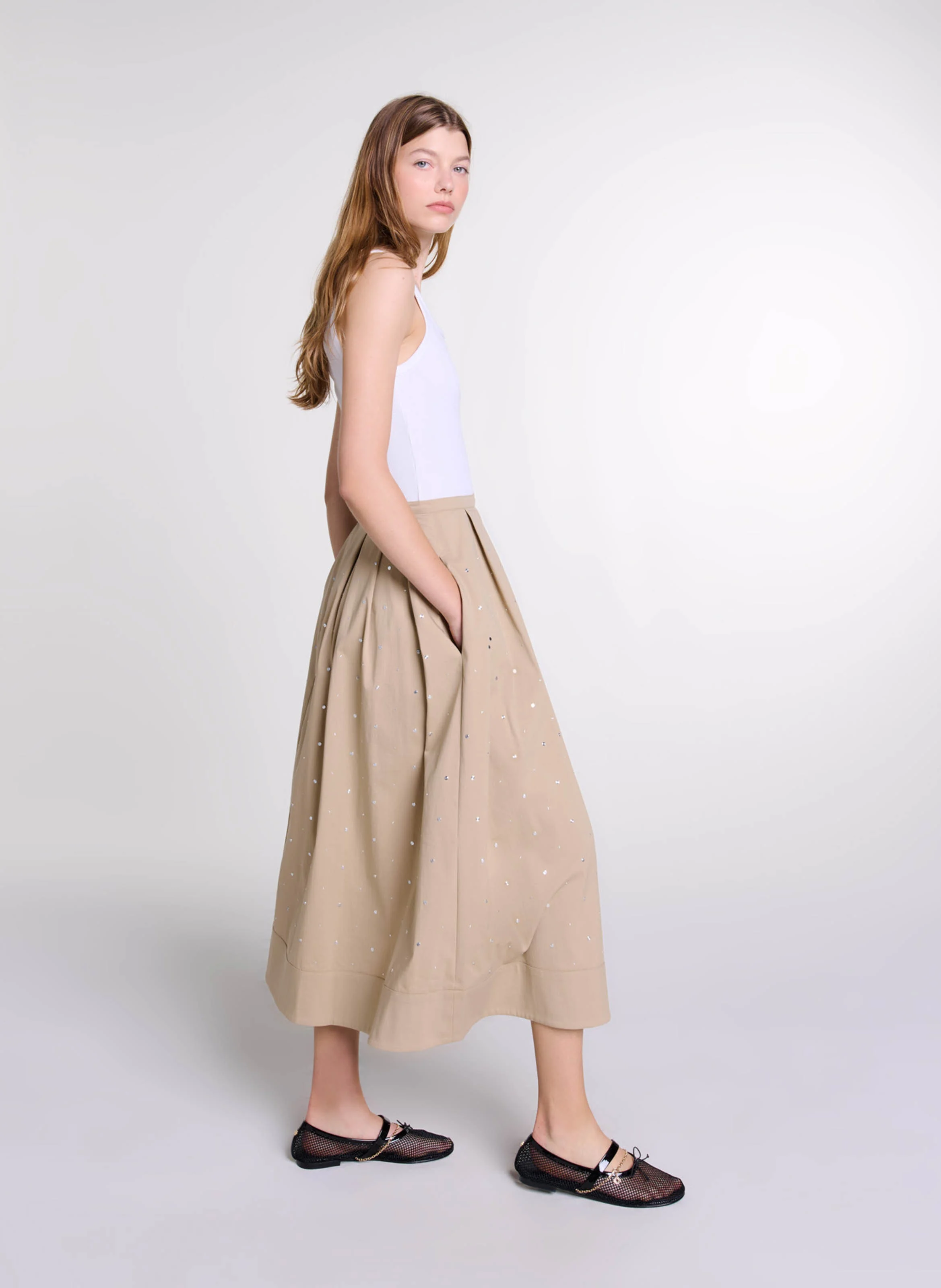 Jupe longue évasée en coton mélangé | Beige