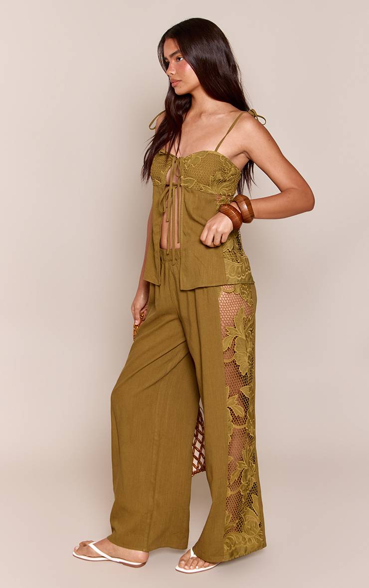 Vert Olive Pantalon Coordonné À Appliqués De Dentelle Florale