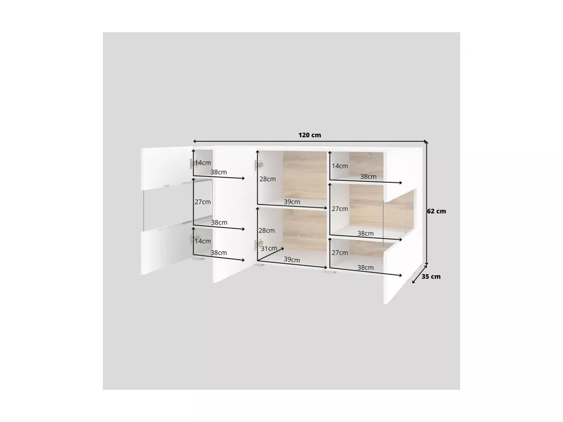 Buffet 120cm collection EVA 3 portes. Couleur blanc et chêne.