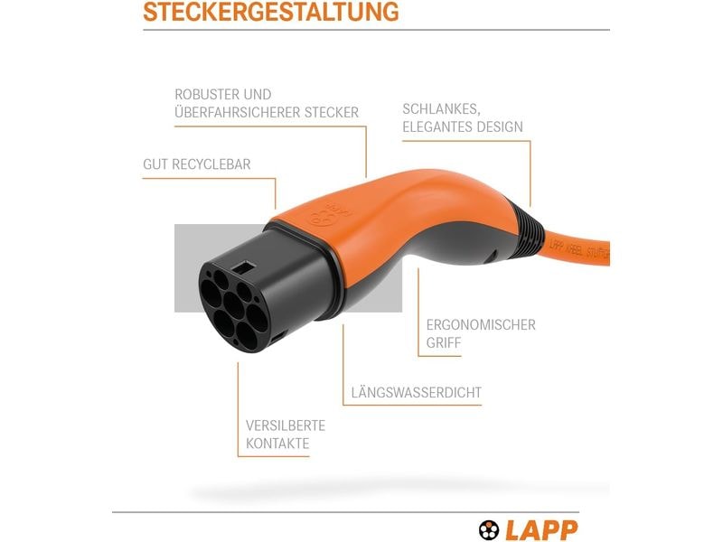 Lapp Ladekabel für Elektroauto Typ 2, 7.4kW, 32A, 5 m, Oran 3-phasiges Helix-Kabel zum Laden von Hybrid- und Elektroautos mit Typ-2-Anschluss